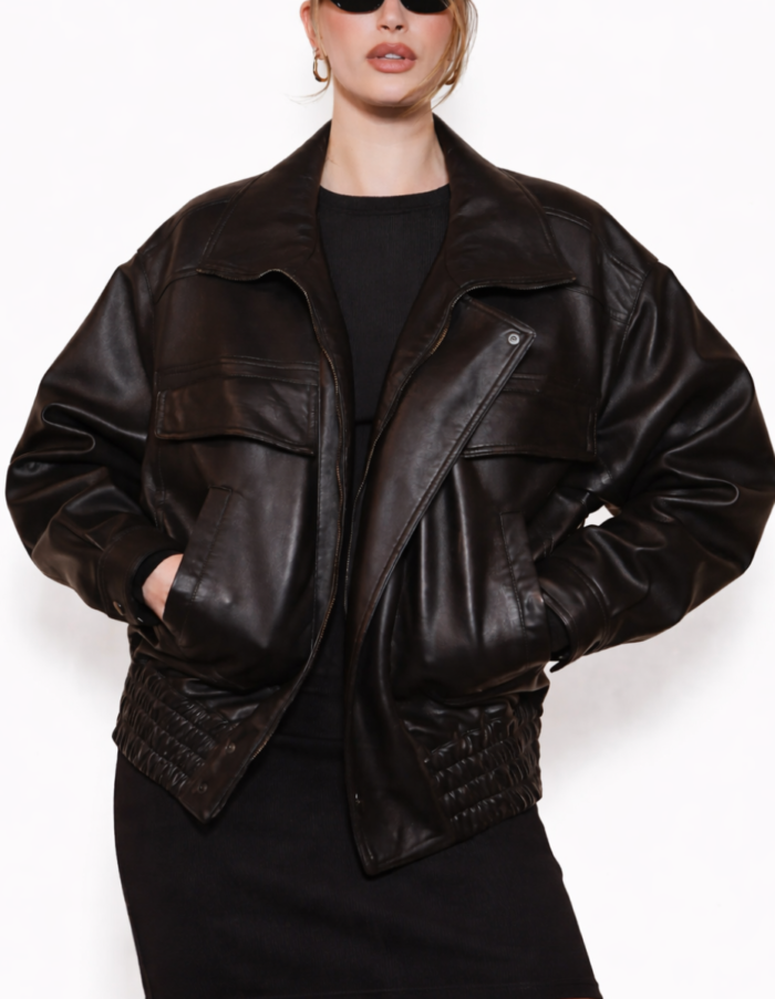 Womens Black Leather Bomber Jacket – Relaxed Fit