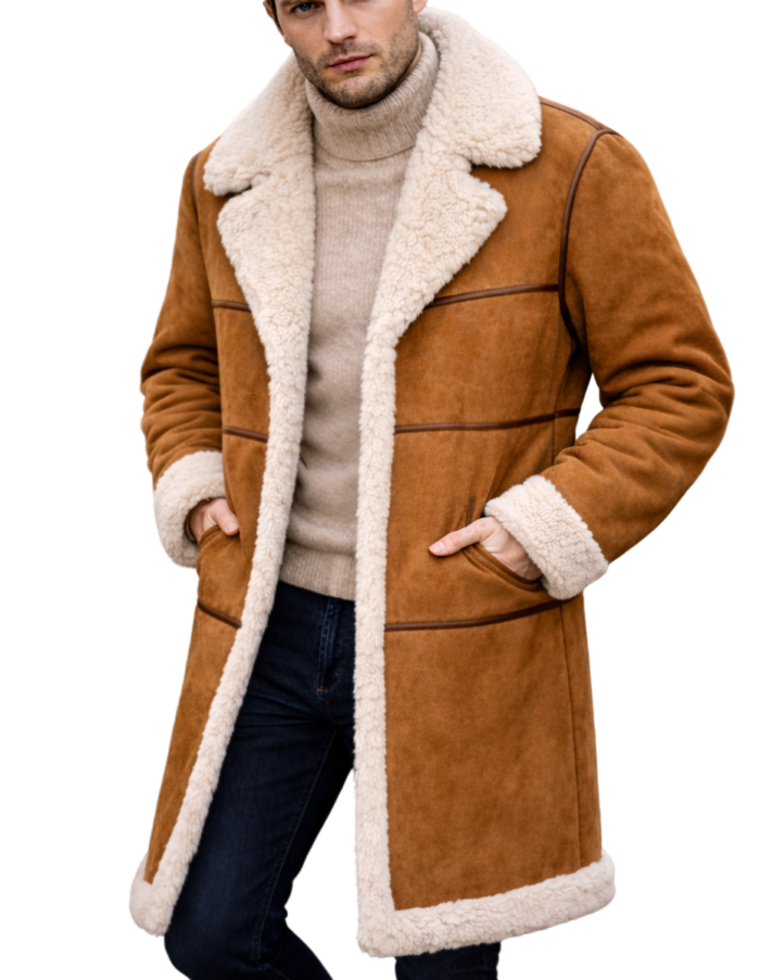 Men Suede Shearling Coat - Warm Faux Fur Lined