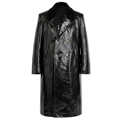 Bill Skarsgård Met Gala 2026 Black Long Faux Leather Coat Front