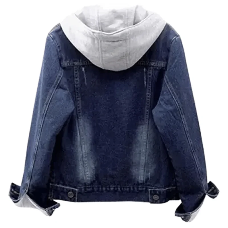 Dark Blue Mens Hooded Fur Denim Jacket Back