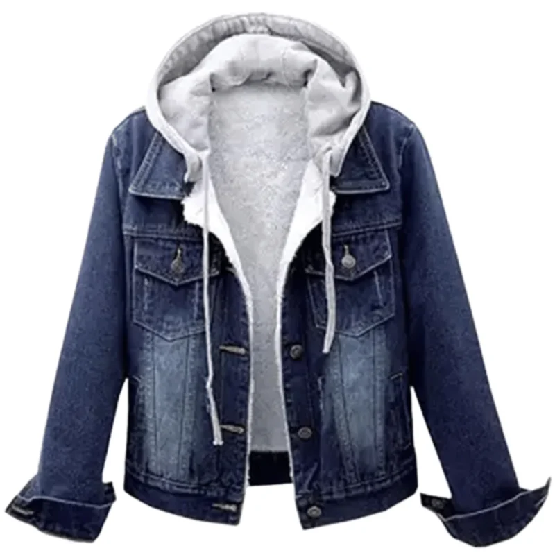 Dark Blue Mens Hooded Fur Denim Jacket Front