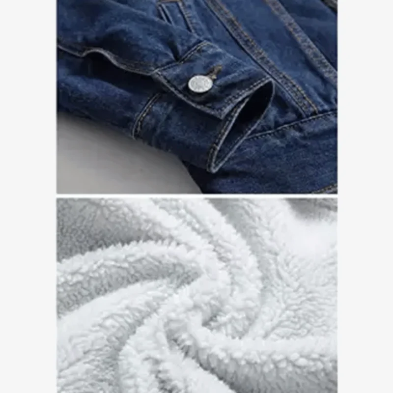 Dark Blue Mens Hooded Fur Denim Jacket Sleeve