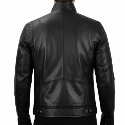 Men's Black Double Pockets Cafe Racer Real Leather Jacket Back