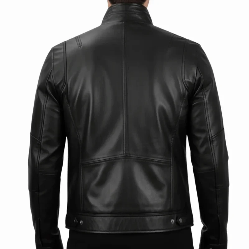 Men's Black Double Pockets Cafe Racer Real Leather Jacket Back