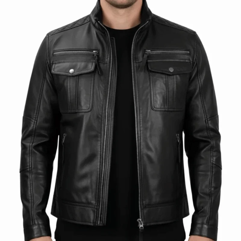 Men's Black Double Pockets Cafe Racer Real Leather Jacket Front Look