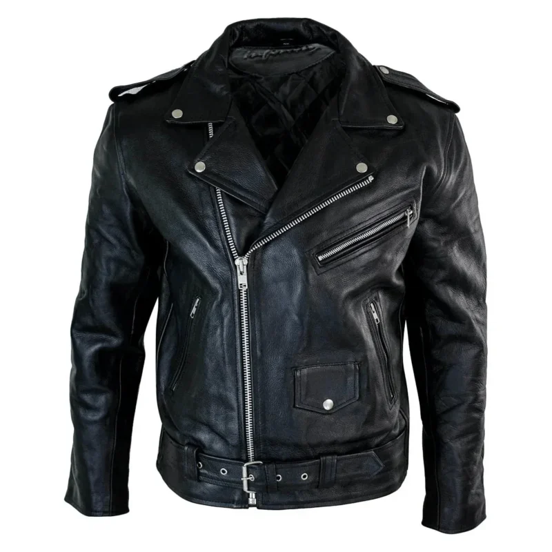 Mens Brando Black Biker Leather Jacket Front