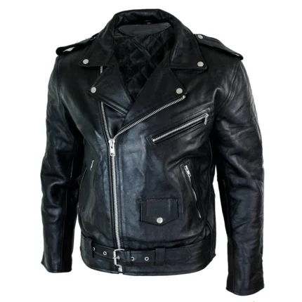 Mens Brando Black Biker Leather Jacket Side