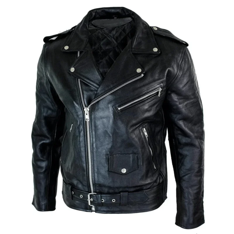 Mens Brando Black Biker Leather Jacket Side