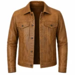 Men's Camel Brown Trucker Leather Jacket Front