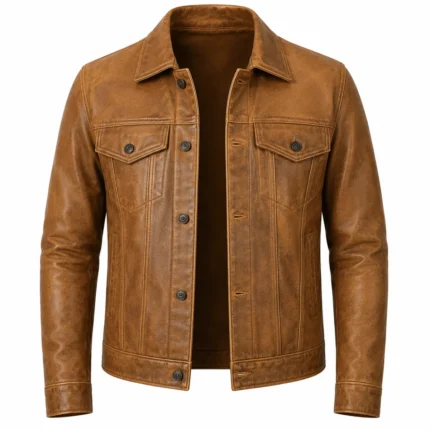 Men's Camel Brown Trucker Leather Jacket Front