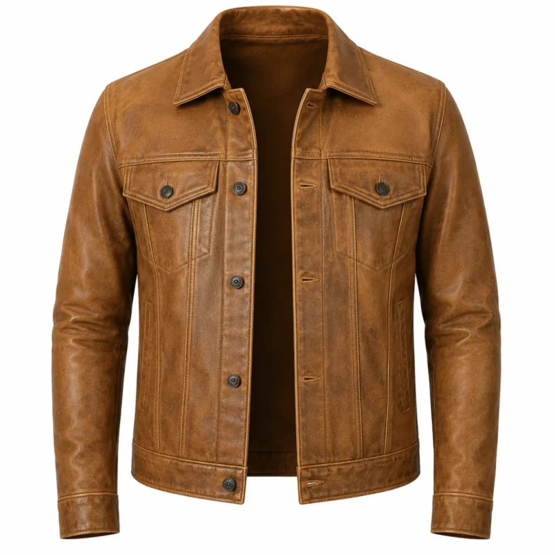 Men's Camel Brown Trucker Leather Jacket Front