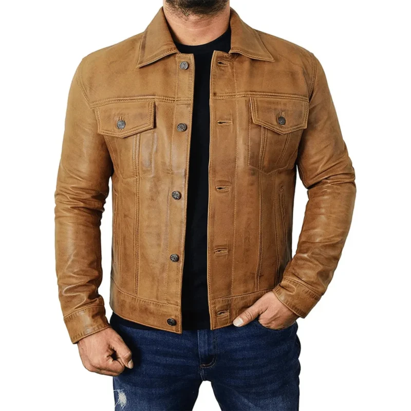 Men's Camel Brown Trucker Leather Jacket Front Look