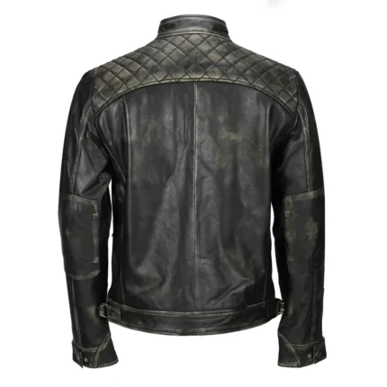 Mens Distressed Real Lambskin Black Leather Biker Jacket Back