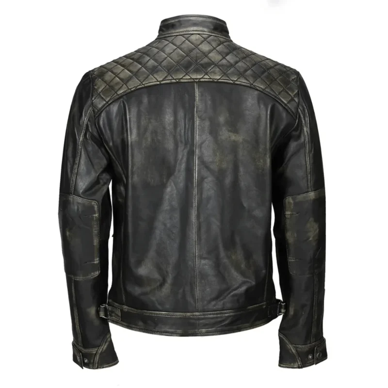 Mens Distressed Real Lambskin Black Leather Biker Jacket Back