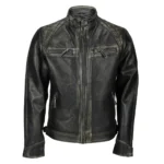 Mens Distressed Real Lambskin Black Leather Biker Jacket Closed Front