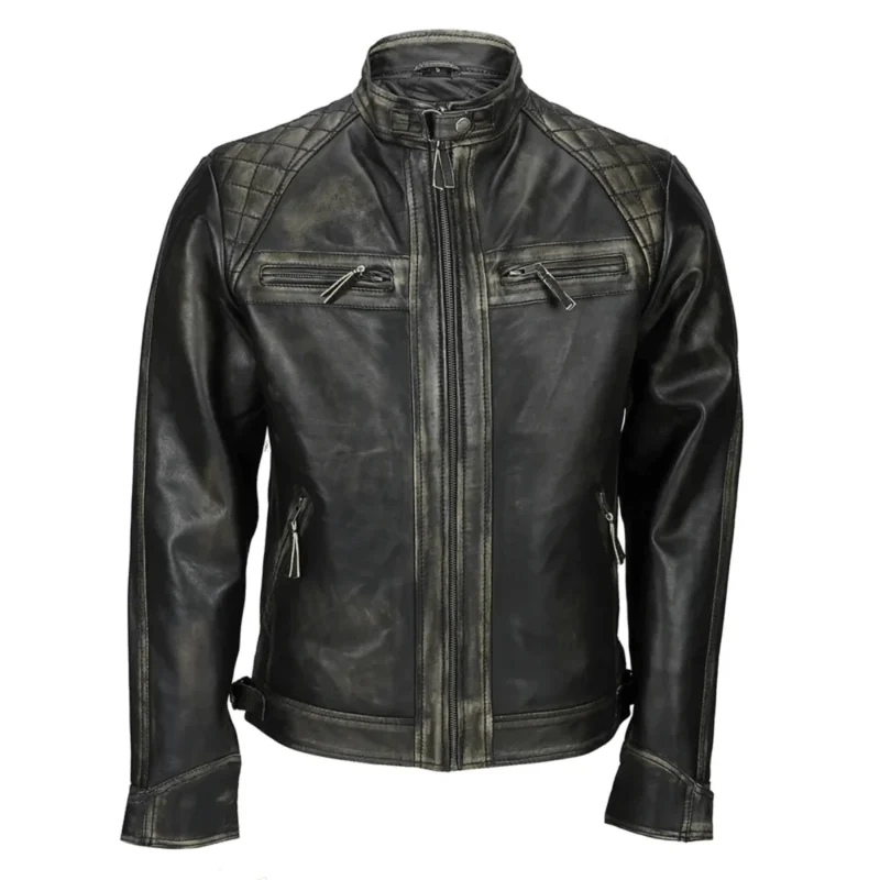 Mens Distressed Real Lambskin Black Leather Biker Jacket Closed Front