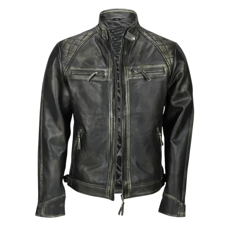 Mens Distressed Real Lambskin Black Leather Biker Jacket Open Front
