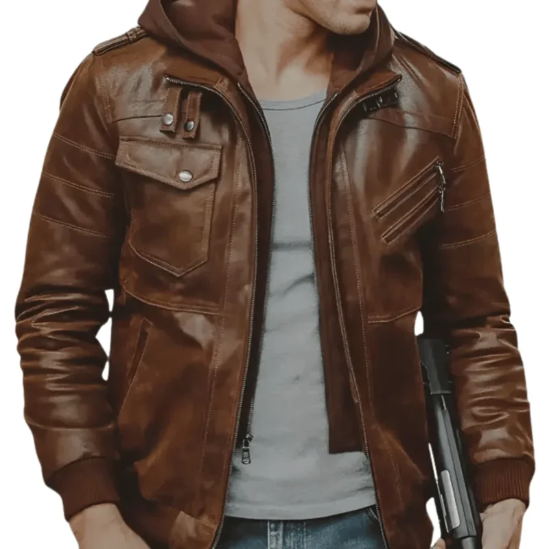 Men’s brown bomber leather motorcycle jacket with removable hood front view.