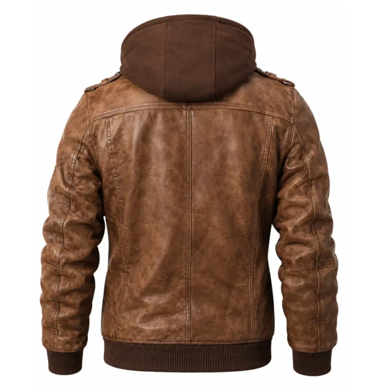 Men’s Motorcycle Brown Bomber Leather Jacket with Removable Hood Back View