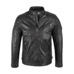 Mens Padded Black Cafe Racer Leather Jacket Front