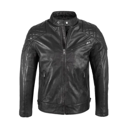 Mens Padded Black Cafe Racer Leather Jacket Front