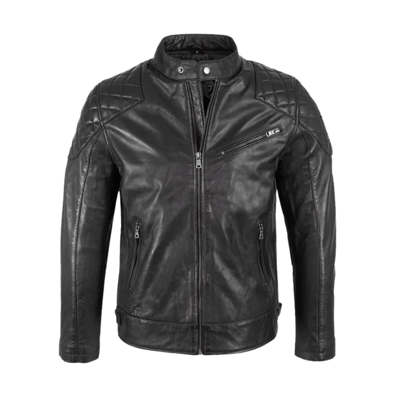 Mens Padded Black Cafe Racer Leather Jacket Front