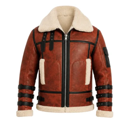Pry Double Collar B-3 Shearling Red Leather Aviator Jacket Front