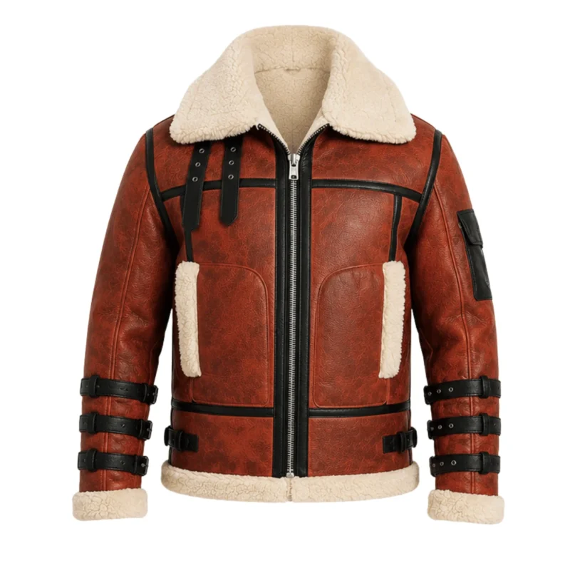 Pry Double Collar B-3 Shearling Red Leather Aviator Jacket Front