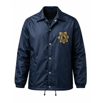 blue sheriff jacket worn in his and hers series by jon bernthal & priya Front