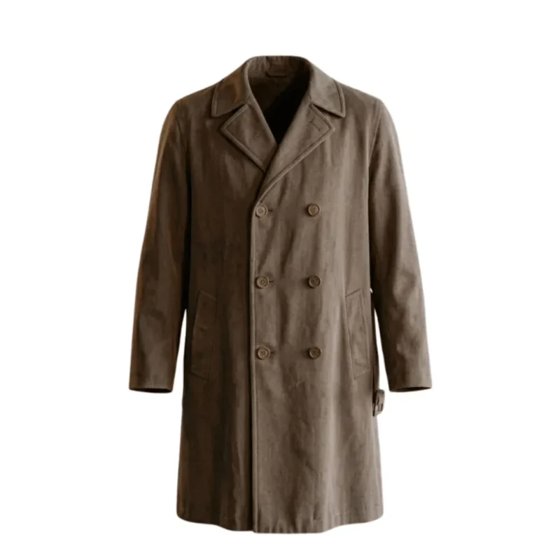 peter sarsgaard the bride 2026 brown cotton trench coat Front
