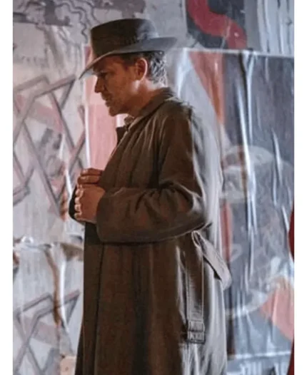 peter sarsgaard the bride 2026 brown cotton trench coat side look