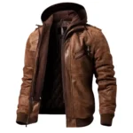 Men’s Motorcycle Brown Bomber Leather Jacket with Removable Hood