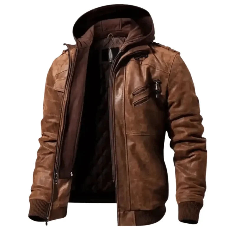 Men’s Motorcycle Brown Bomber Leather Jacket with Removable Hood