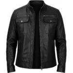 Men's Black Double Pockets Cafe Racer Real Leather Jacket Front