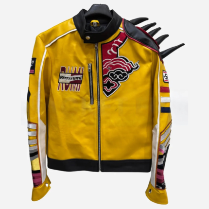 Front view of the KPop Demon Hunters Rumi Jacket in yellow leather with a front zipper, erect collar, and moto-inspired styling.
