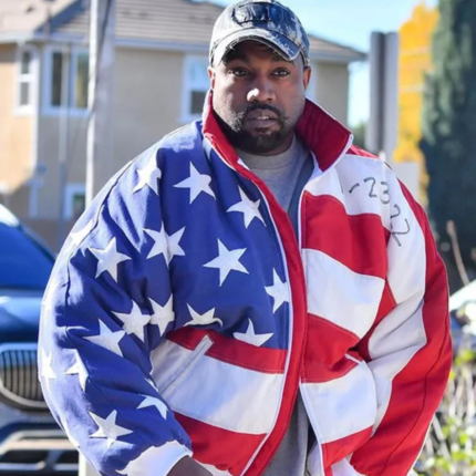 Kanye West American Flag Jacket inspired by celebrity streetwear fashion with patriotic design