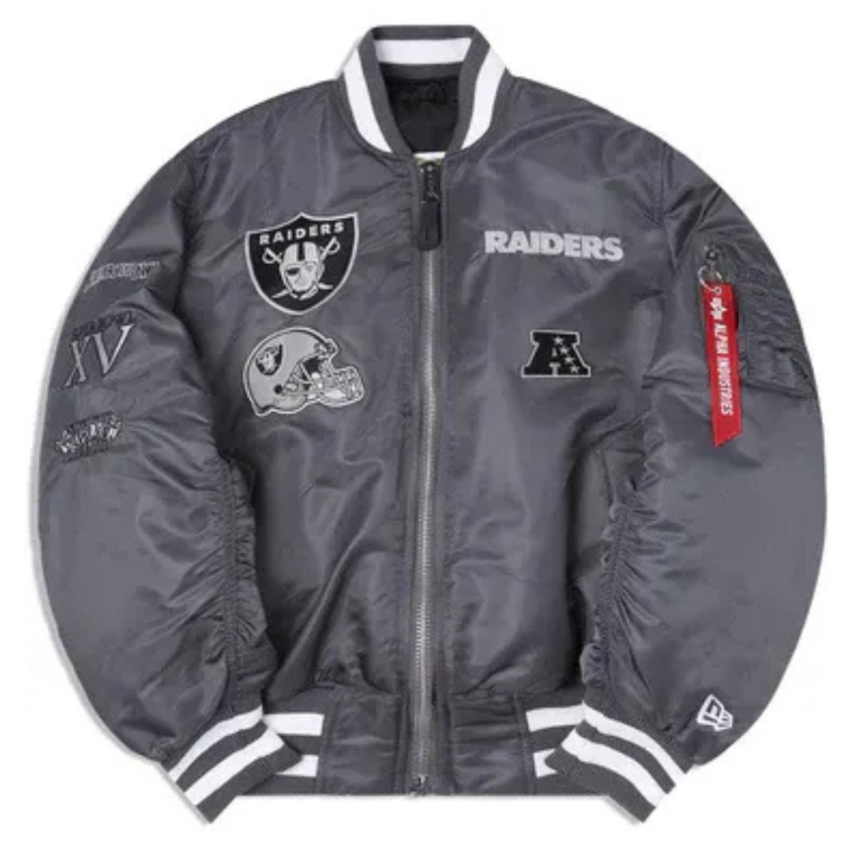 Las-Vegas-Raiders-X-Alpha-X-New-Era-MA-1-Bomber-Jacket-1 Raiders MA-1 Bomber Reversible Gray Jacket - Image 1