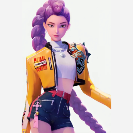 Front view of a model wearing the KPop Demon Hunters Rumi Jacket in yellow leather with an erect snap-tab collar and front zipper closure.