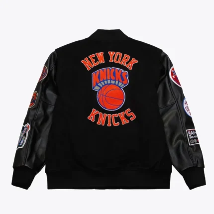Back view of New York Knicks Black Out Team Logo Varsity Jacket