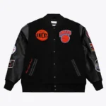 NY Knicks Black Jacket front view with blackout team logo varsity design