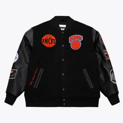 NY Knicks Black Jacket front view with blackout team logo varsity design