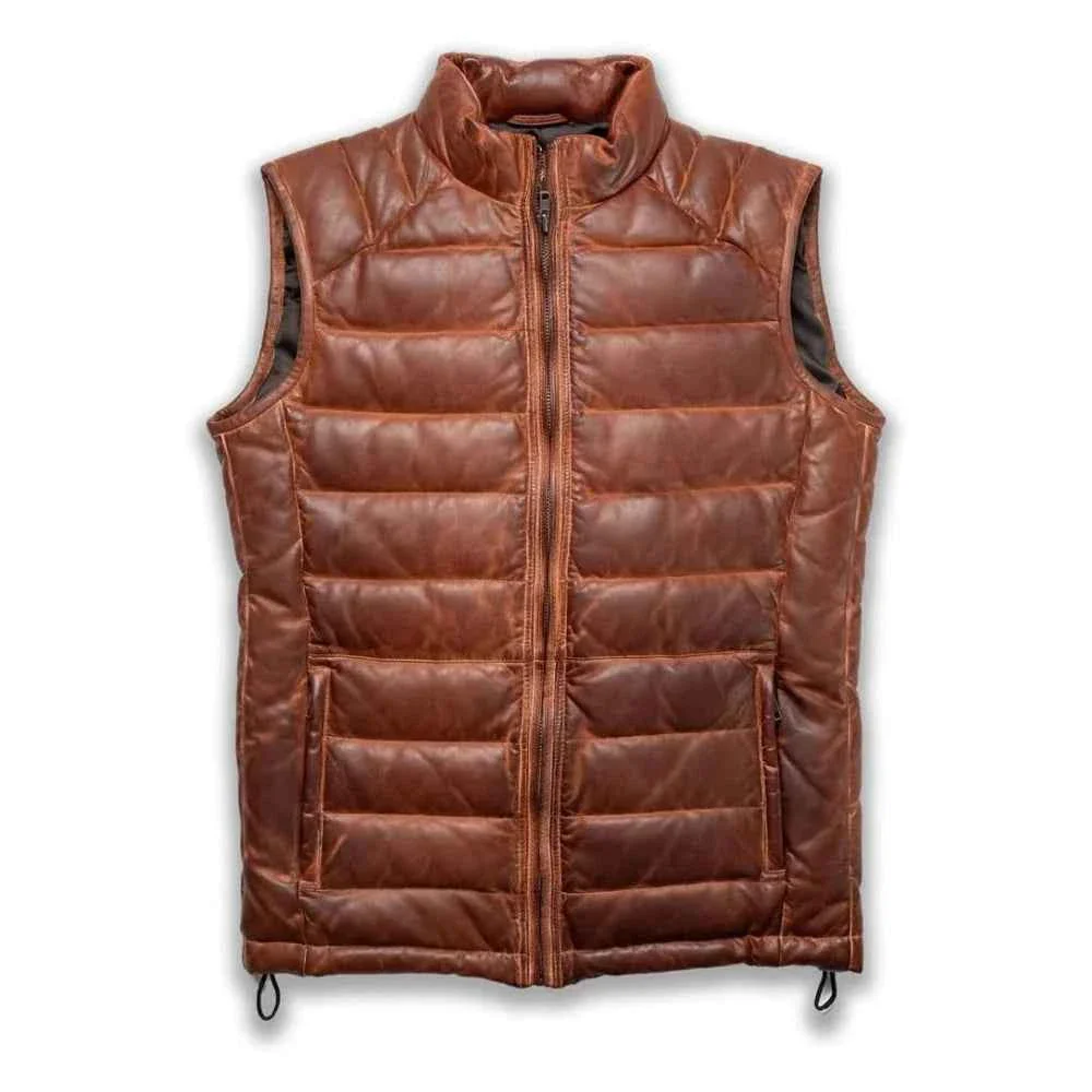 quilted-brown-leather-vest Mens Real Quilted Brown Leather Biker Vest - Image 1