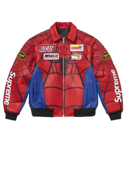 Supreme x Vanson Spider Man Jacket Red Front View Leather Racing Jacket