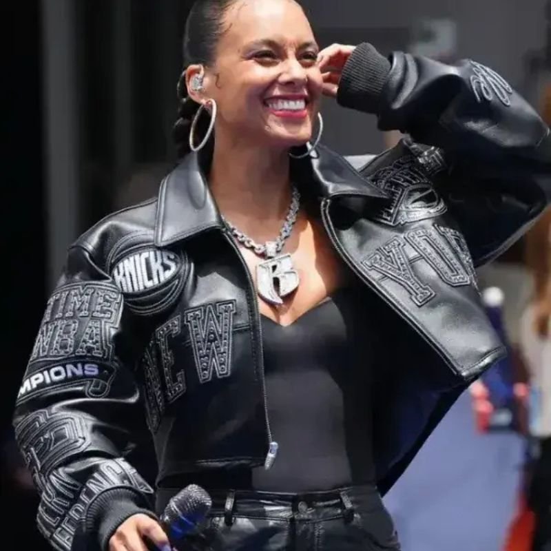 Alicia-Keys-Knicks-Victory-Parade-Jacket-Front-View Alicia Keys Knicks Victory Parade Jacket - Image 1