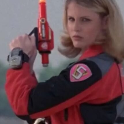 Power Rangers Lightspeed Rescue jacket showing its red and black sleeve, shoulder, collar, and patch details.