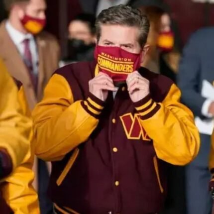 Washington Commanders jacket worn with the team mask pulled up.