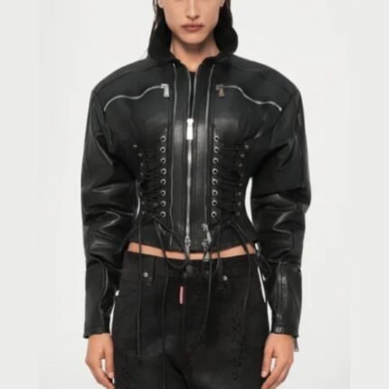 Black fitted leather jacket with lace-up corset detailing and front zipper