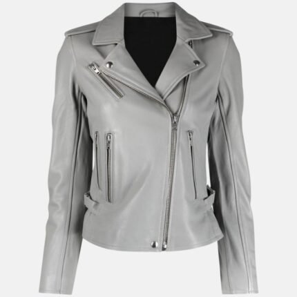 Women’s grey leather biker jacket with asymmetrical zipper and multiple zip pockets