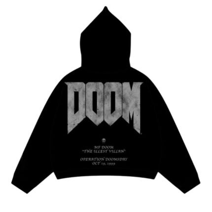 Doomsday 2026 black hoodie back view with large DOOM graphic