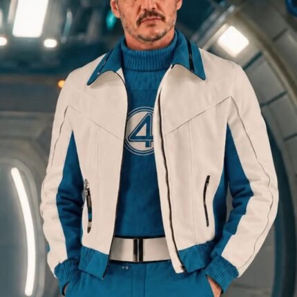 White and blue jacket shown from the front with two vertical zippered pockets and rib-knit cuffs.